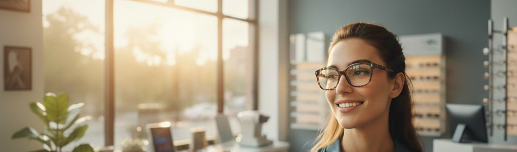Woman wearing eyeglasses in a modern optometry clinic